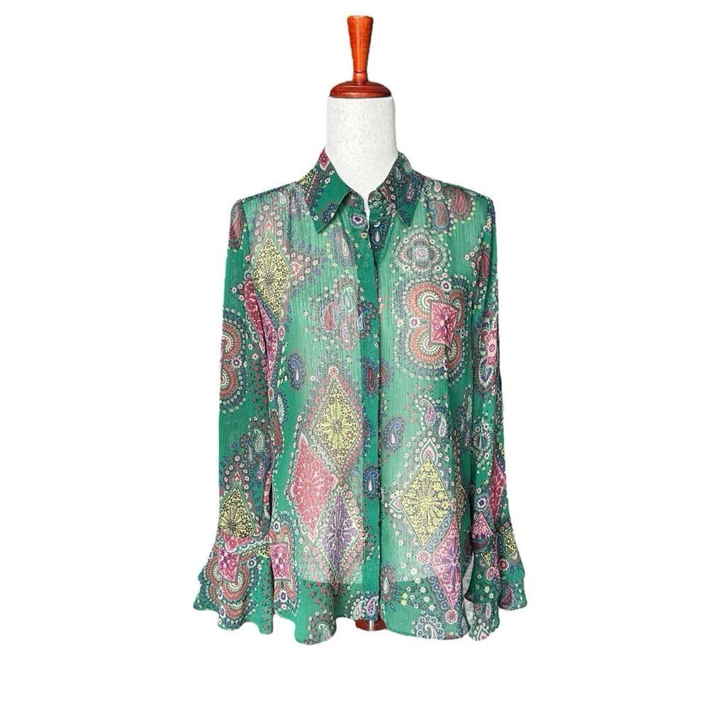 Elie Tahari Sheer Blouse Button Front Bohemian Paisley Print Top Ruffle Cuff L
